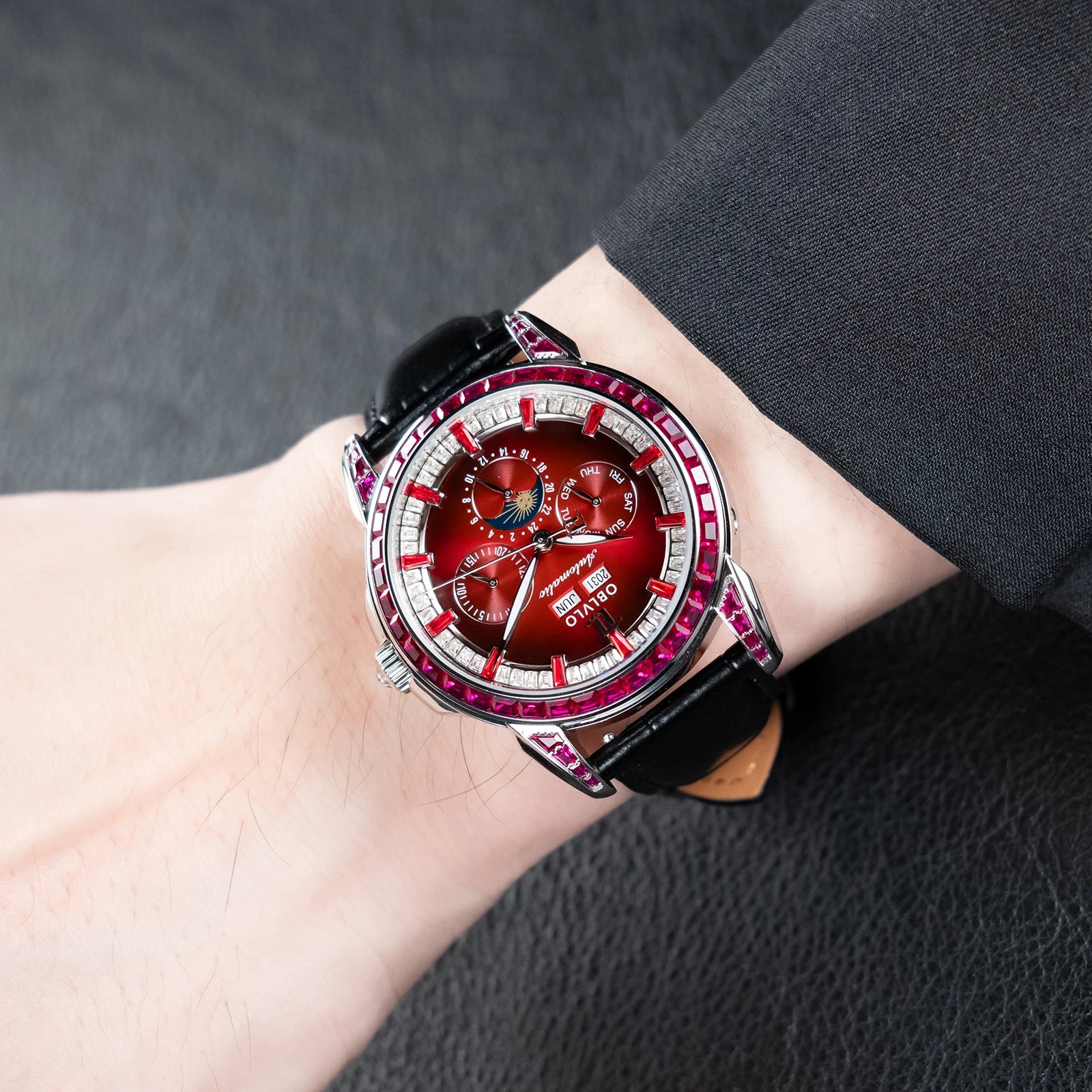 Moonphase Automatic Leather Strap Watch Complete Calendar — Red | KIMLUD