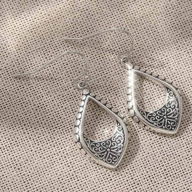 Ethnic Silver Color Dangle Women's Earrings Geometry Carving Flower Party Daily Wear