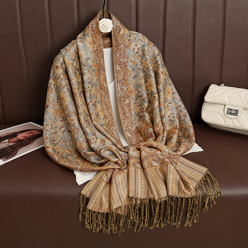 Cashmere Pashmina Shawl With Autumn Print Design, Olive Accents And Gold-Toned Fringe — Red | KIMLUD