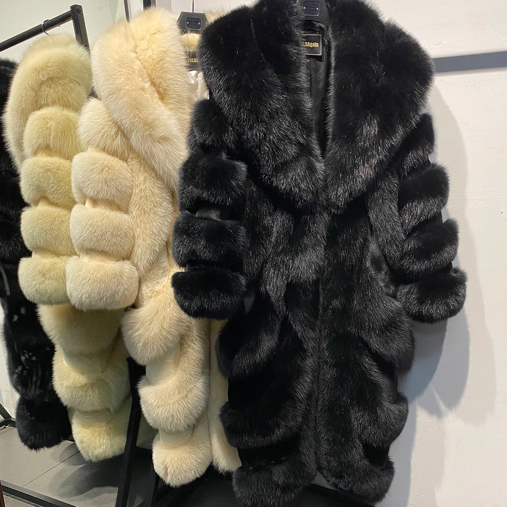 YOLOAgain 2025 Winter Warm Luxury Real Fox Fur Coat Women Pink Fox Fur Jacket Long