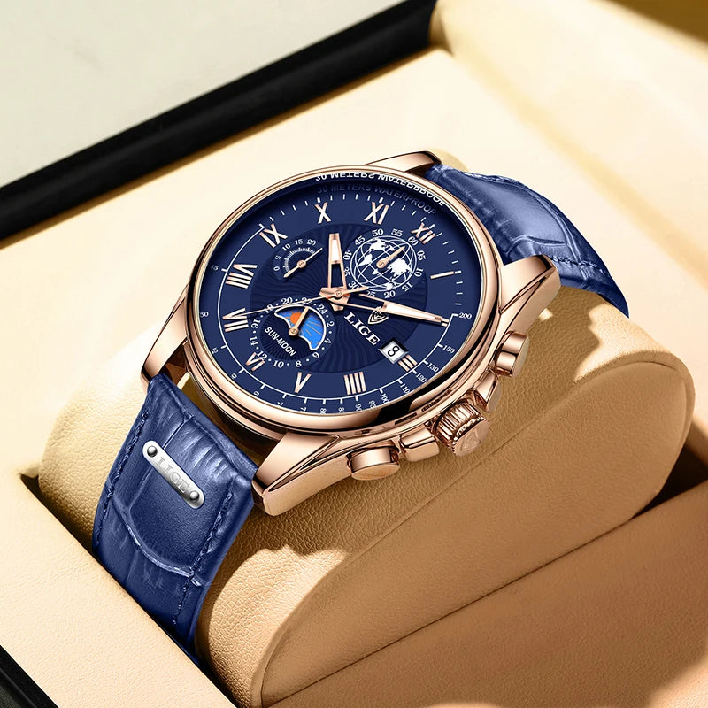 2024 LIGE New Blue Leather Mens Watches Top Brand Luxury Waterproof Watch For Men Sport Date Quartz Wristwatch Relogio Masculino