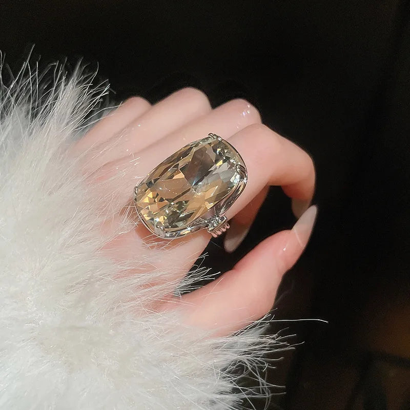 Rings Big Oval Clear Crystal Glass Open Rings — Clear | KIMLUD