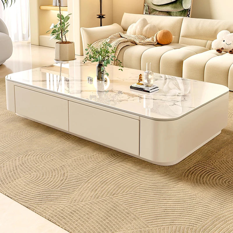 Rock-Slab Coffee Table With Wooden Frame — White | KIMLUD