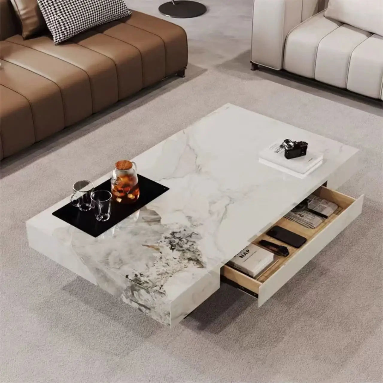 Marble-Top Side Table Minimalist Nordic With Subtle Veining — Onyx-Black | KIMLUD