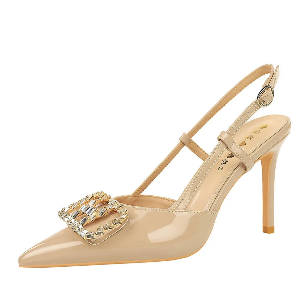 Rhinestone Buckle High Heel Sandals Thin Heel — Silver | KIMLUD