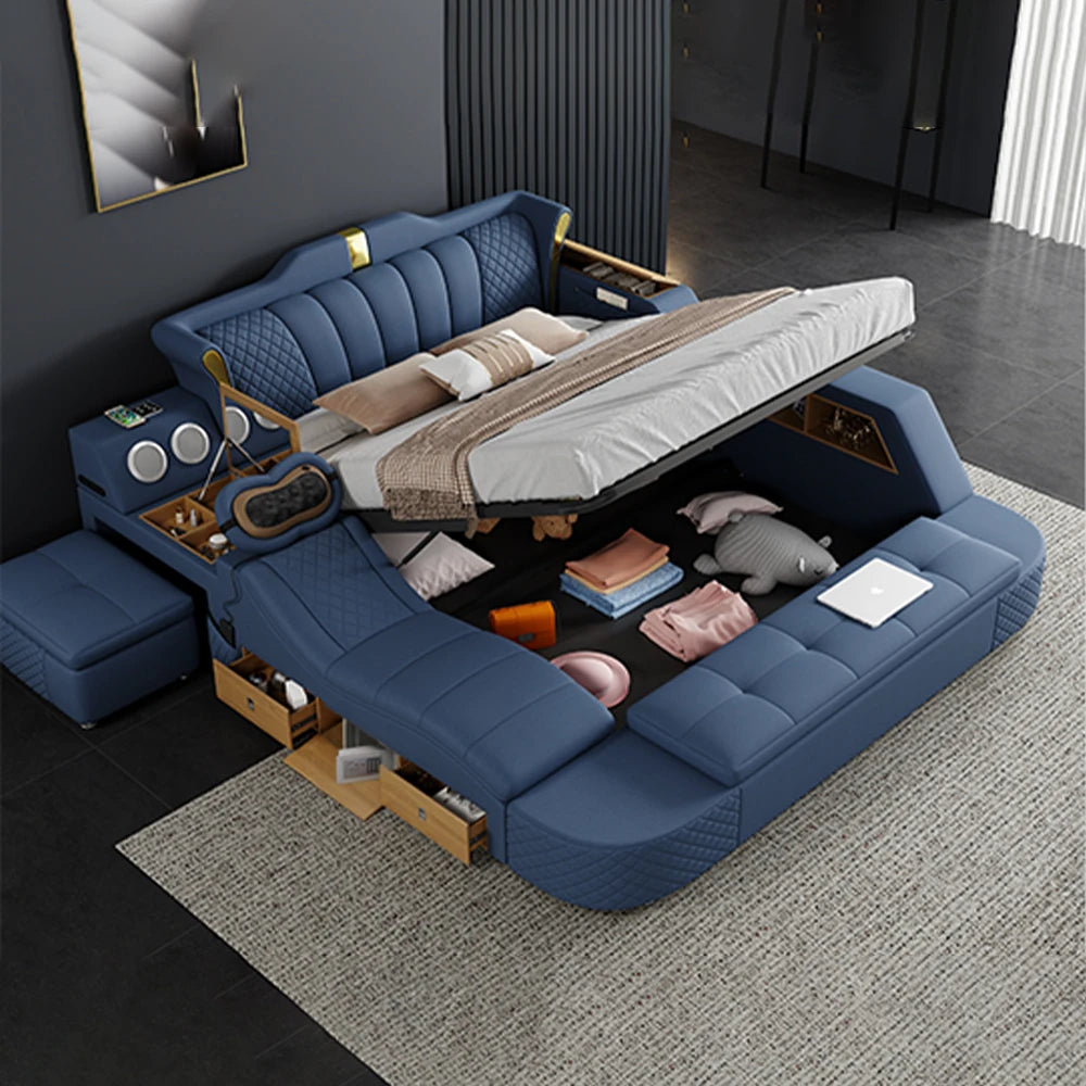 Modern Tech Smart Genuine Leather Bed with Massage, Bluetooth Speakers & USB – Luxury Multifunctional King Size Bed with Ottoman