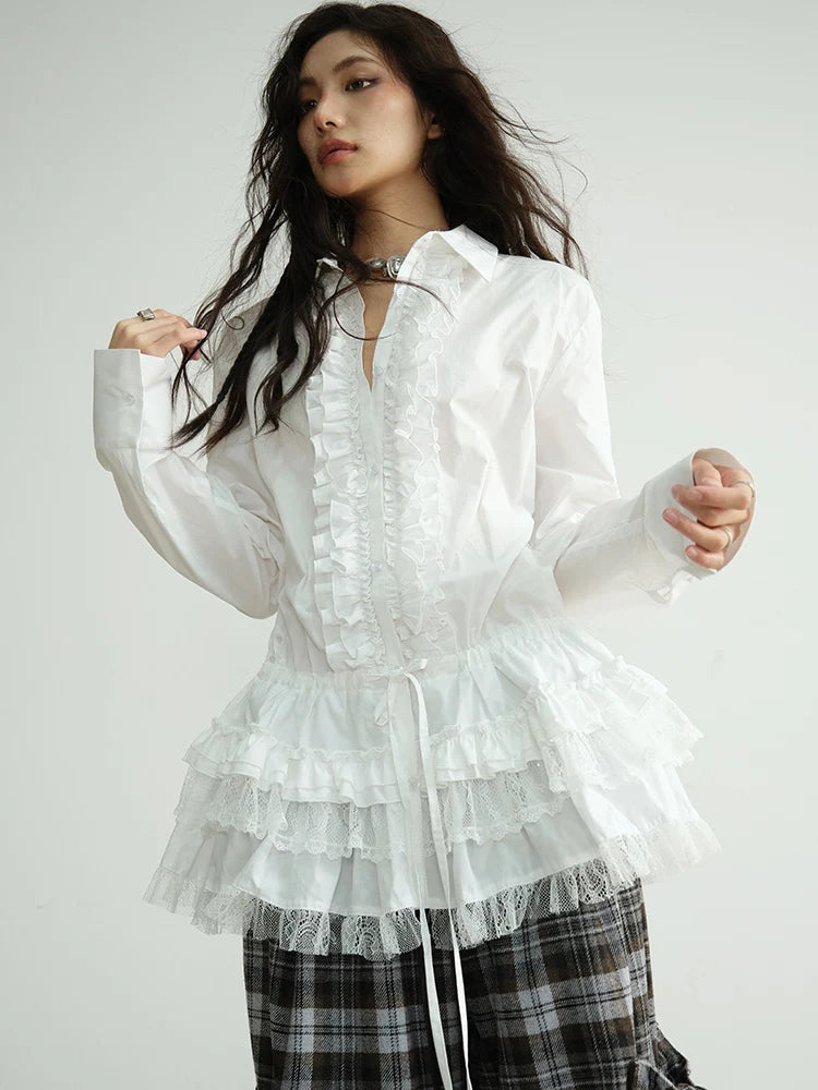 Blouse – Lace Ruffles – Jersey – White | KIMLUD