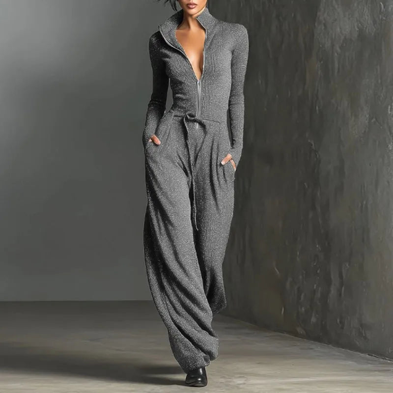 Slim Straight Jumpsuit V Neck Zip Long Sleeve High Waist Pocket — Black | KIMLUD