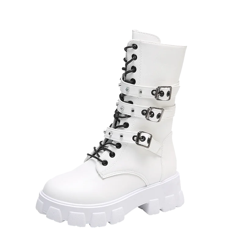 WOMEN ANKLE BOOTS Goth Boots Woman Winter 2022 Platform Shoes Sneakers Studded Belt Buckle Punk Army Chunky Heels Mid Calf Boots - KIMLUD