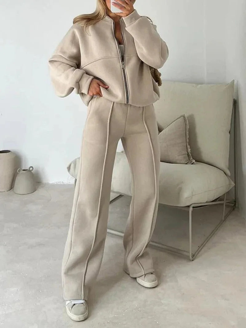 Two-Piece Tracksuit With Zip Sweatshirt And Straight Pants — Olive | KIMLUD
