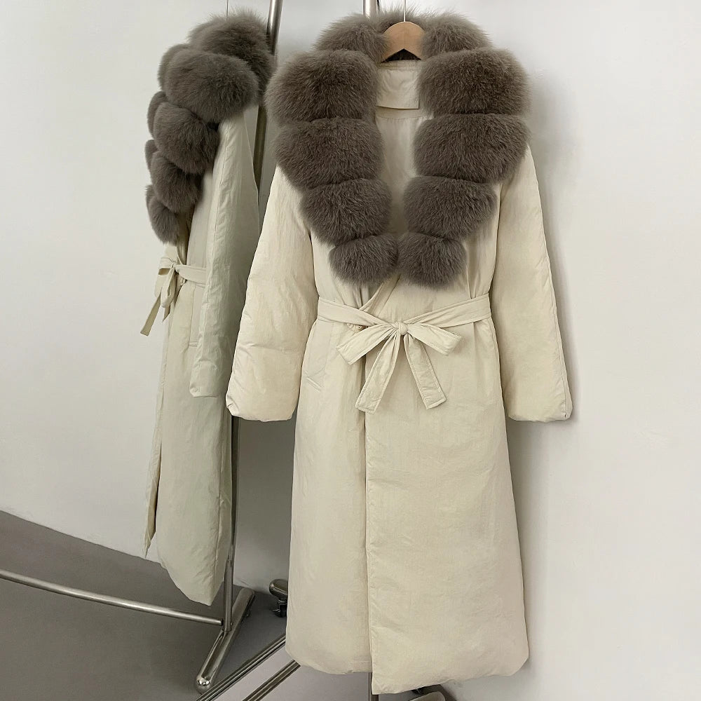 OFTBUY Long Puffer coat Real Fox Fur White Duck Down Coat New Winter Women Collar Fluffy  Jacket Female Thick Warm Reality Fur