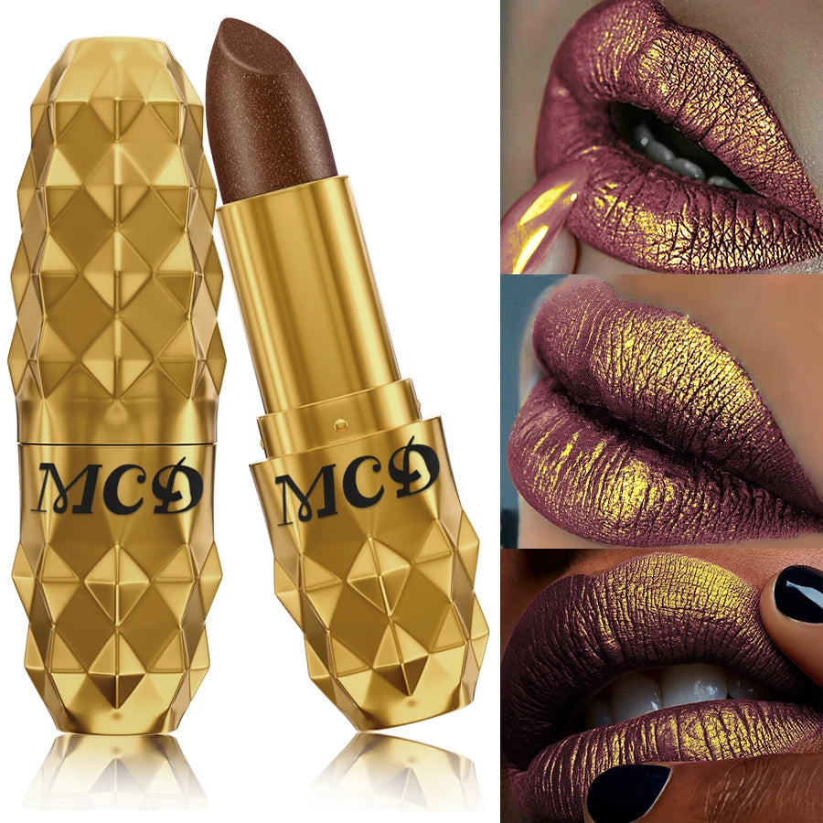 Pearlescent Metallic Lipstick Bold Glitter Long-Lasting Hydrating Comfort — Bronze-Gold | KIMLUD