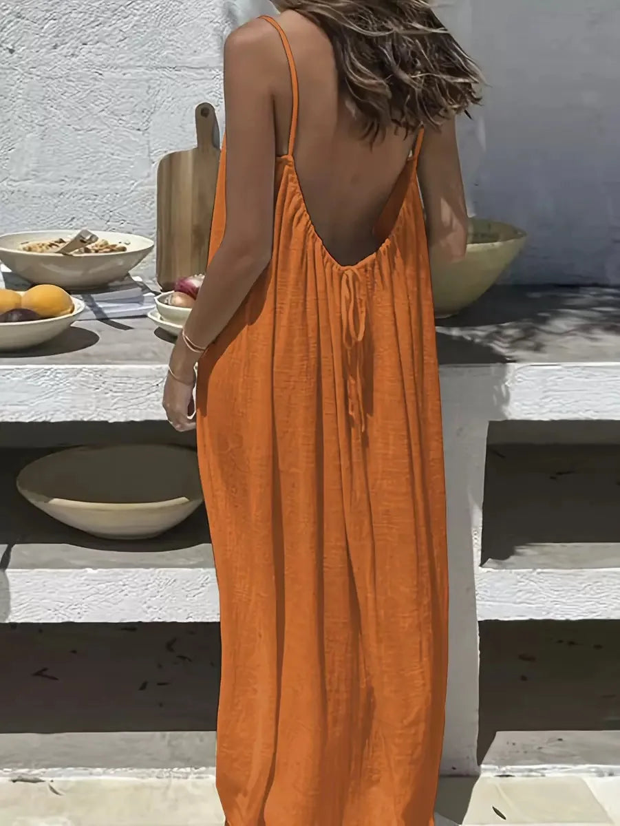 Polyester Slip Dress Backless Loose — Stone Beige | KIMLUD