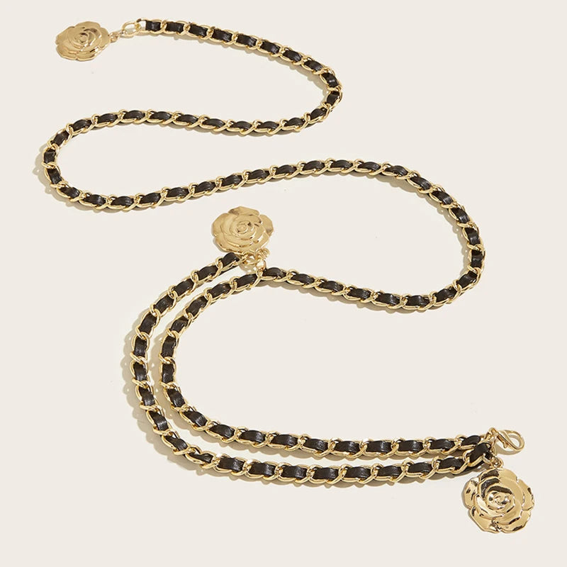 Metal Waist Chain Belt With Circular Flower Pendant And Fine Chain Strap — Gold | KIMLUD