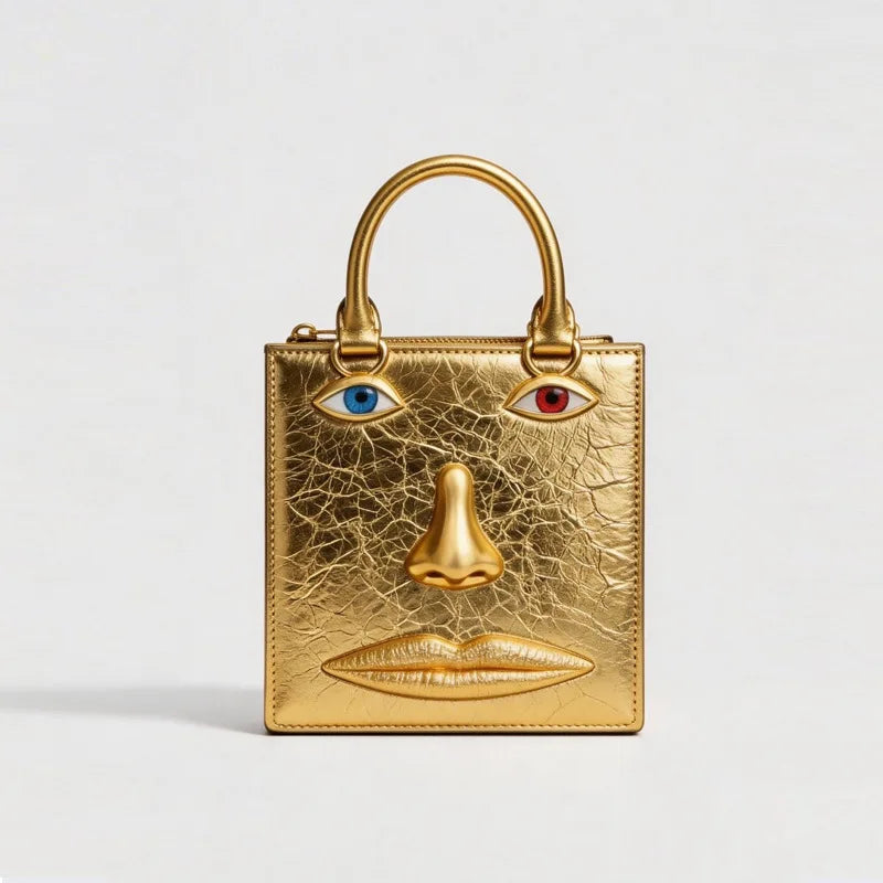 Gold-Tone Leather Face Bag Geometric Motif — Gold | KIMLUD