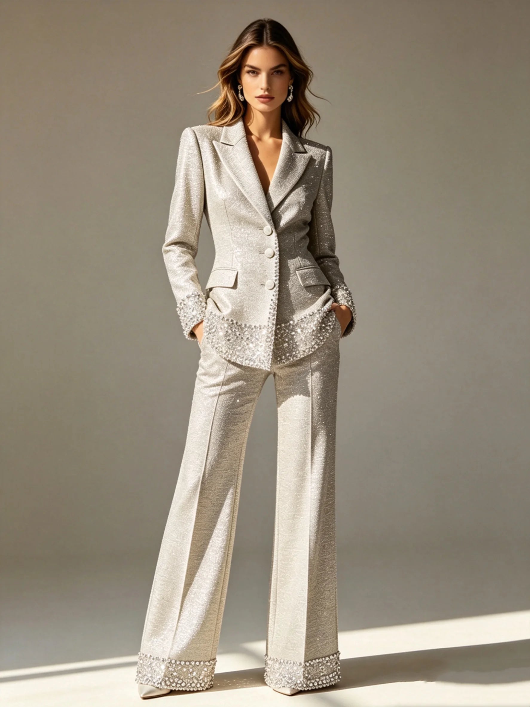 Crystal Embellished Pearl Suit Set — Champagne | KIMLUD