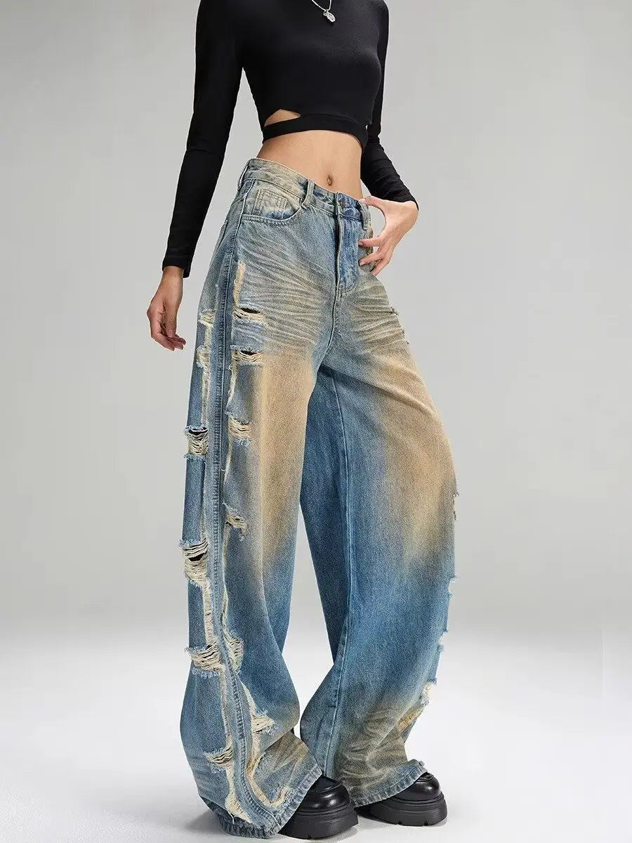Jeans Ripped Tassel Wide Leg Denim — Blue | KIMLUD