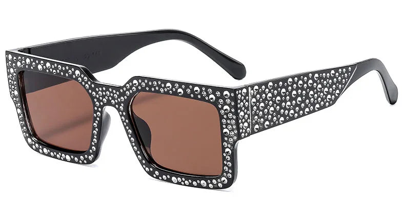 Plastic Diamond-Studded Square Sunglasses — Black | KIMLUD