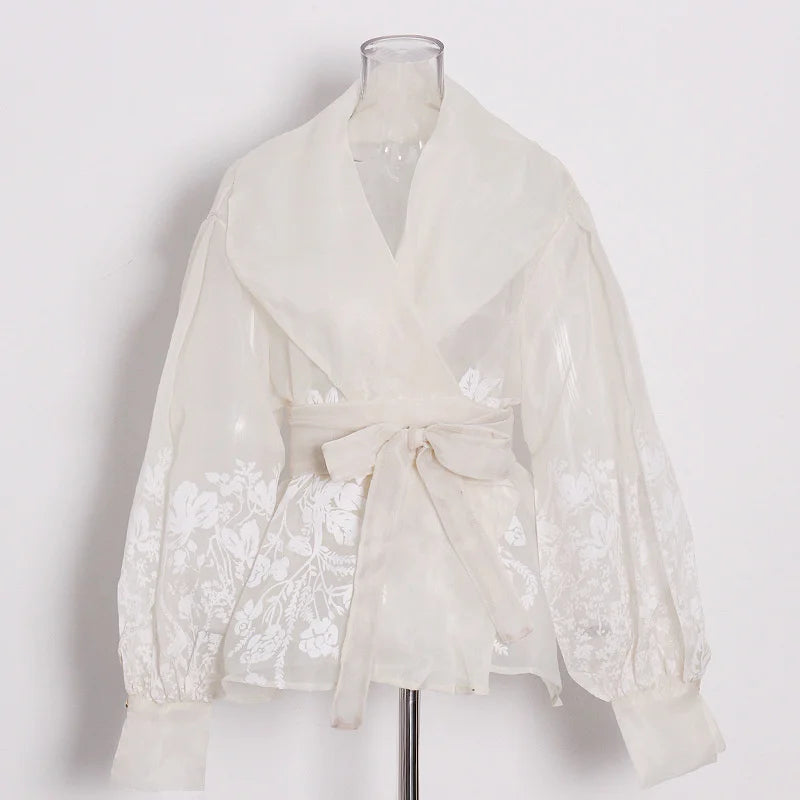 TWOTWINSTYLE Colorblock Patchwork Lace Up Shirts For Women V Neck Lantern Long Sleeve Temperament Blouses Female Fashion Style
