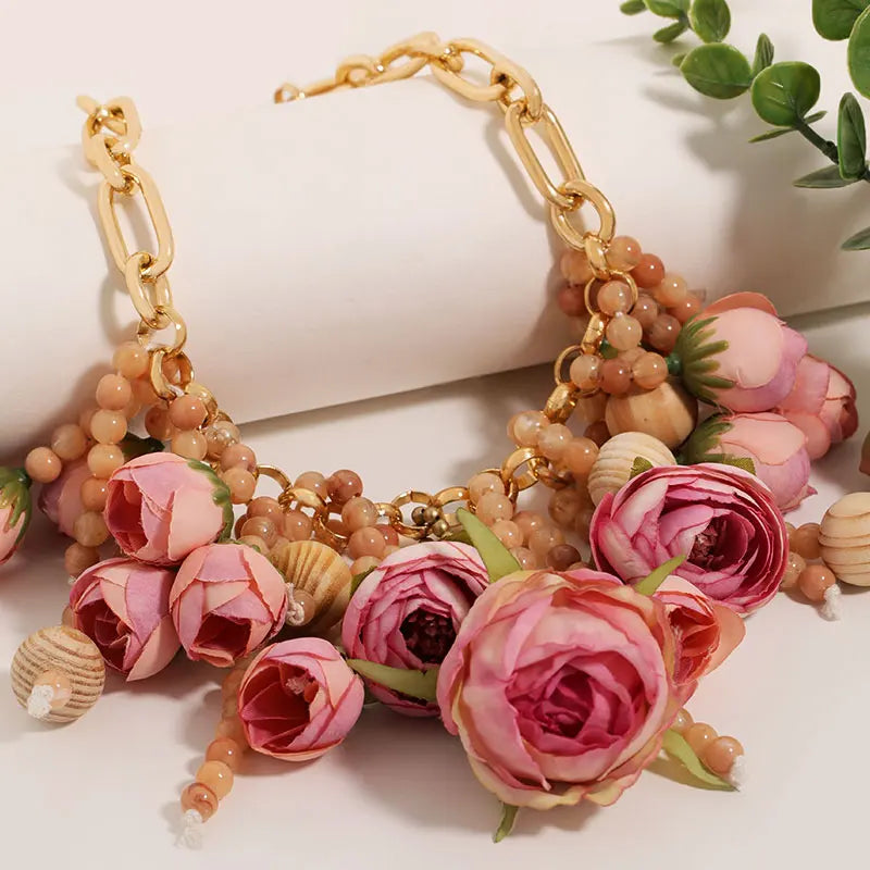 Statement Three-dimensional Rose Cluster Beads Necklace for Women Girl Wedding Party Jewelry