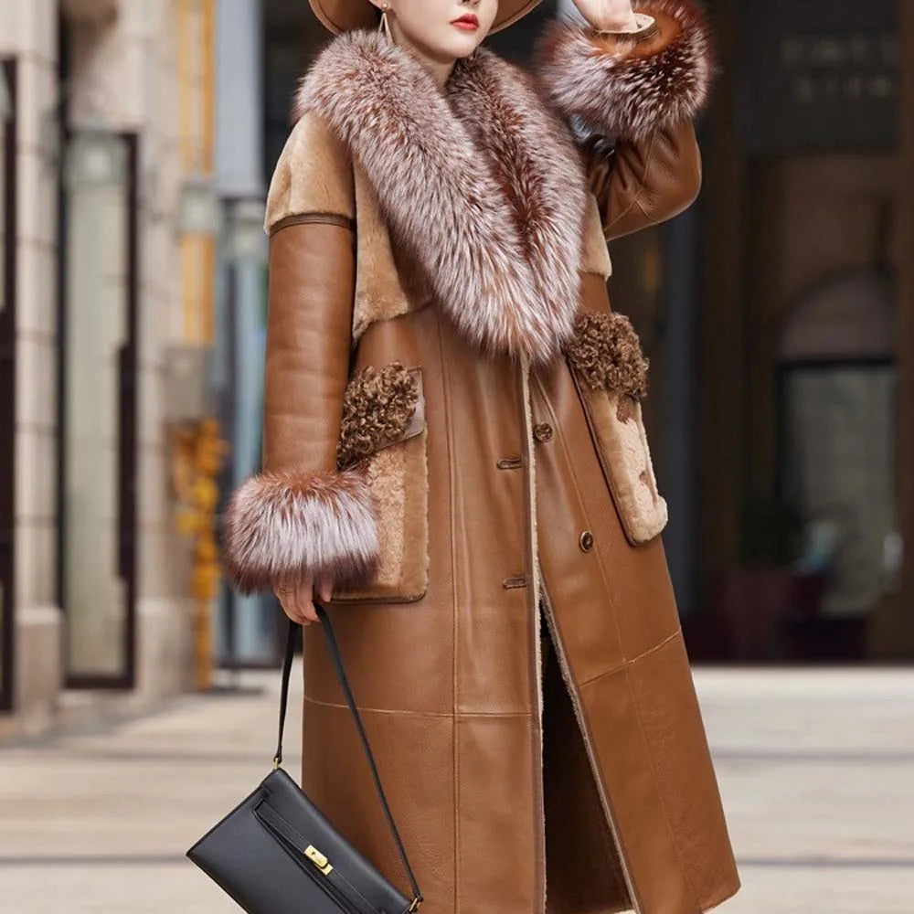 Slim Long Real Leather Jackets Women Fashion Solid Buttons Coats Women Elegant Tie Belt Waist Pockets Jackets Female Ladies