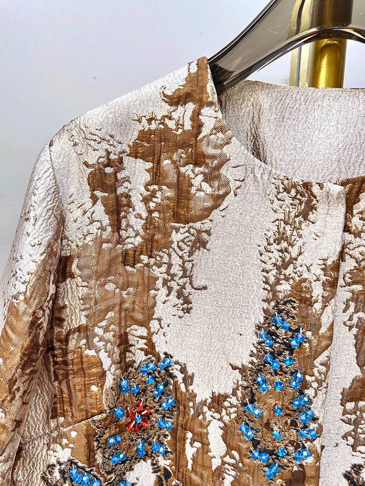 Luxury Jacquard Coat for Women Autumn Winter Vintage Gold Embroidery Beaded 3/4 Sleeve Loose Outerwear Elegant Retro Jacket