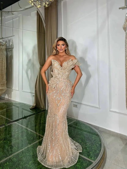 Mermaid Evening Dress – Crystal Beading – Lace – One Shoulder | KIMLUD