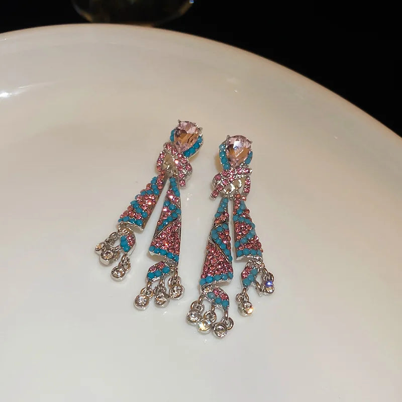Crystal Water Drop Clip Earrings Round Rhinestones — Vintage Blue | KIMLUD