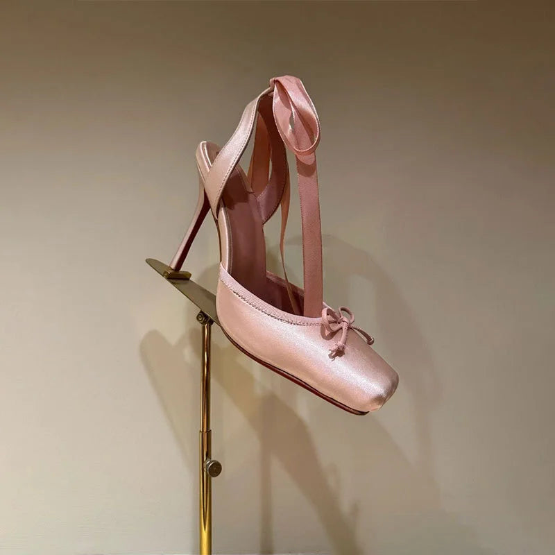 Cross-Strap Silk Sandals With Platform Bow — Blush Pink | KIMLUD