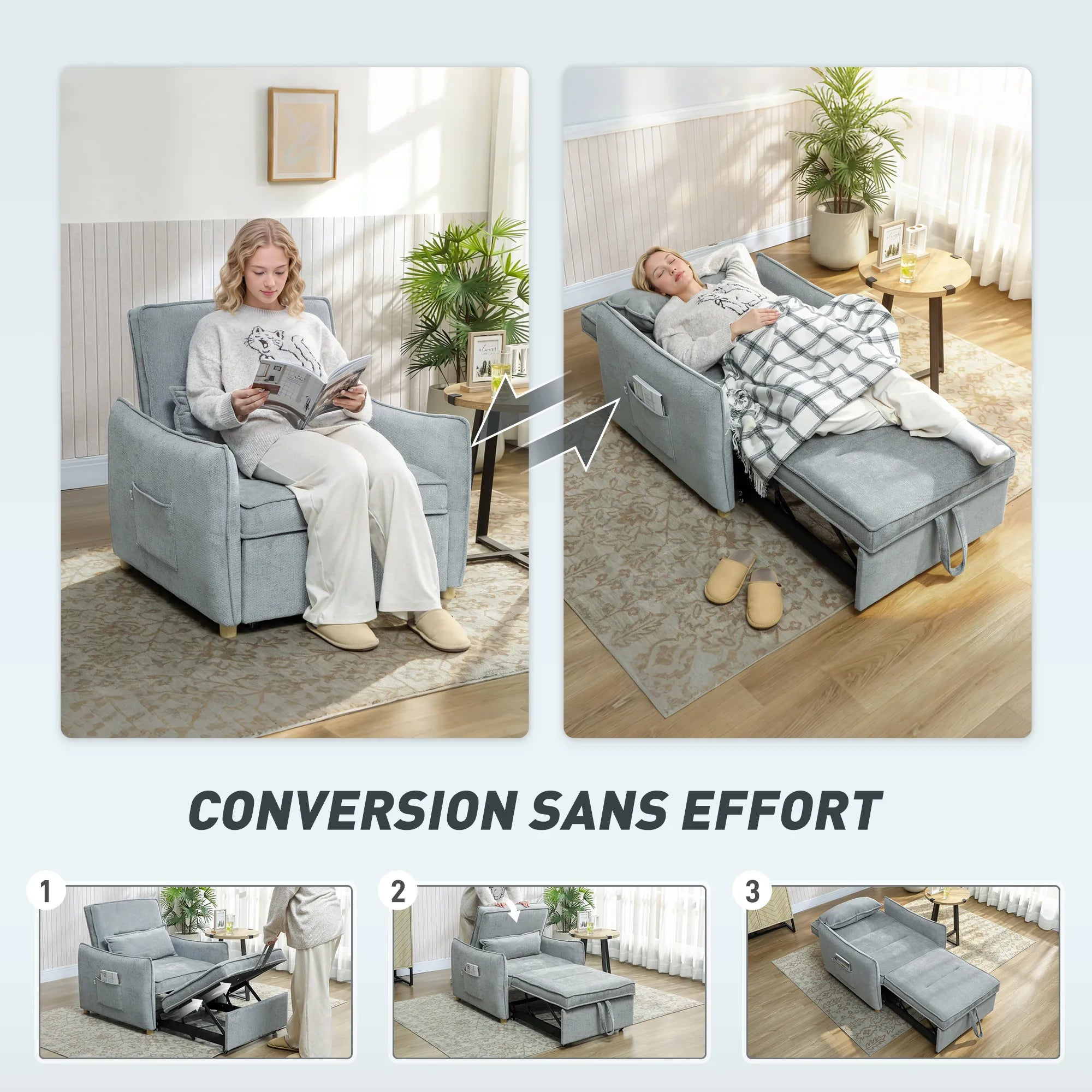 Textured Fabric Armchair 3-in-1 Convertible With Wide Seat — Dusty Blue-Gray | KIMLUD