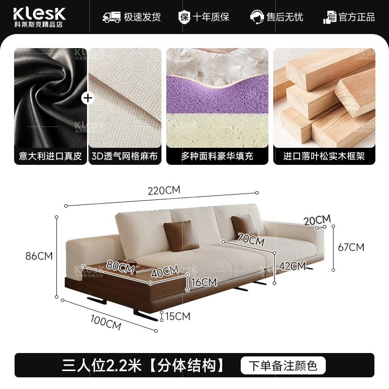 Linen-Cotton Minimalist Straight Sofa With Edge Table — Ivory | KIMLUD