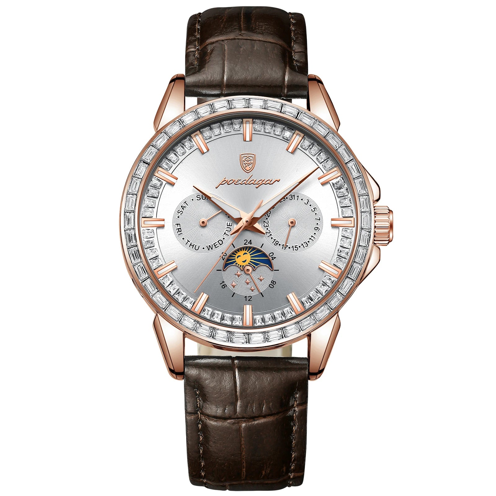 POEDAGAR Luxury Diamond Wristwatch For Men Date Week Waterproof Luminous Man Watch Fashion Business Leather Men's Quartz Watches