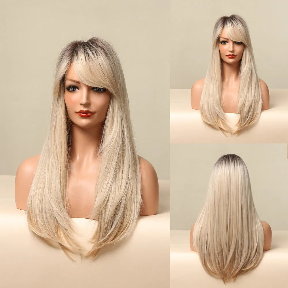 ALAN EATON Chestnut Brown Synthetic Wig with Bangs Long Straight Wig Natural Layered Hair Smooth Soft Daily Wig Heat Resistant