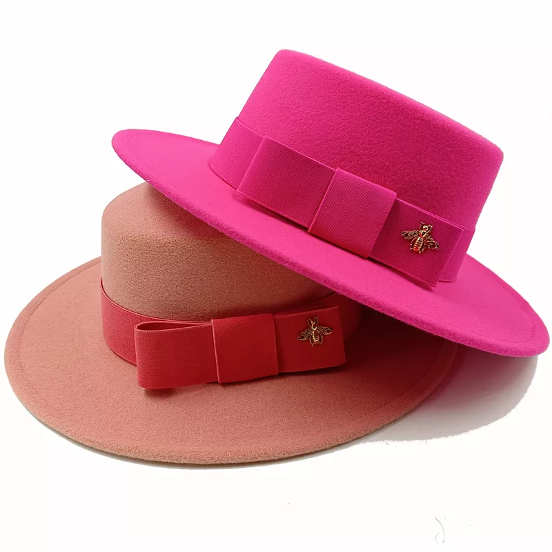 Wholesale Fedora hats Winter round concave convex surface flat top bow elastic ribbon men&#39;s and women&#39;s felt jazz hats Fedora - KIMLUD
