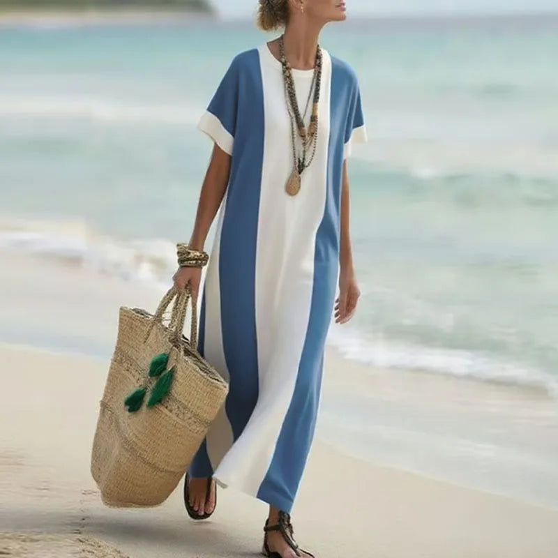 Spring Elegant Crew Neck Holiday Beach Dress Woman Chic Contrast Color Patchwork Long Dress Summer Short Sleeve Split Boho Dress