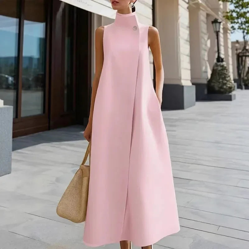 Maxi Dress – High Neck Button Detail – Polyester | KIMLUD