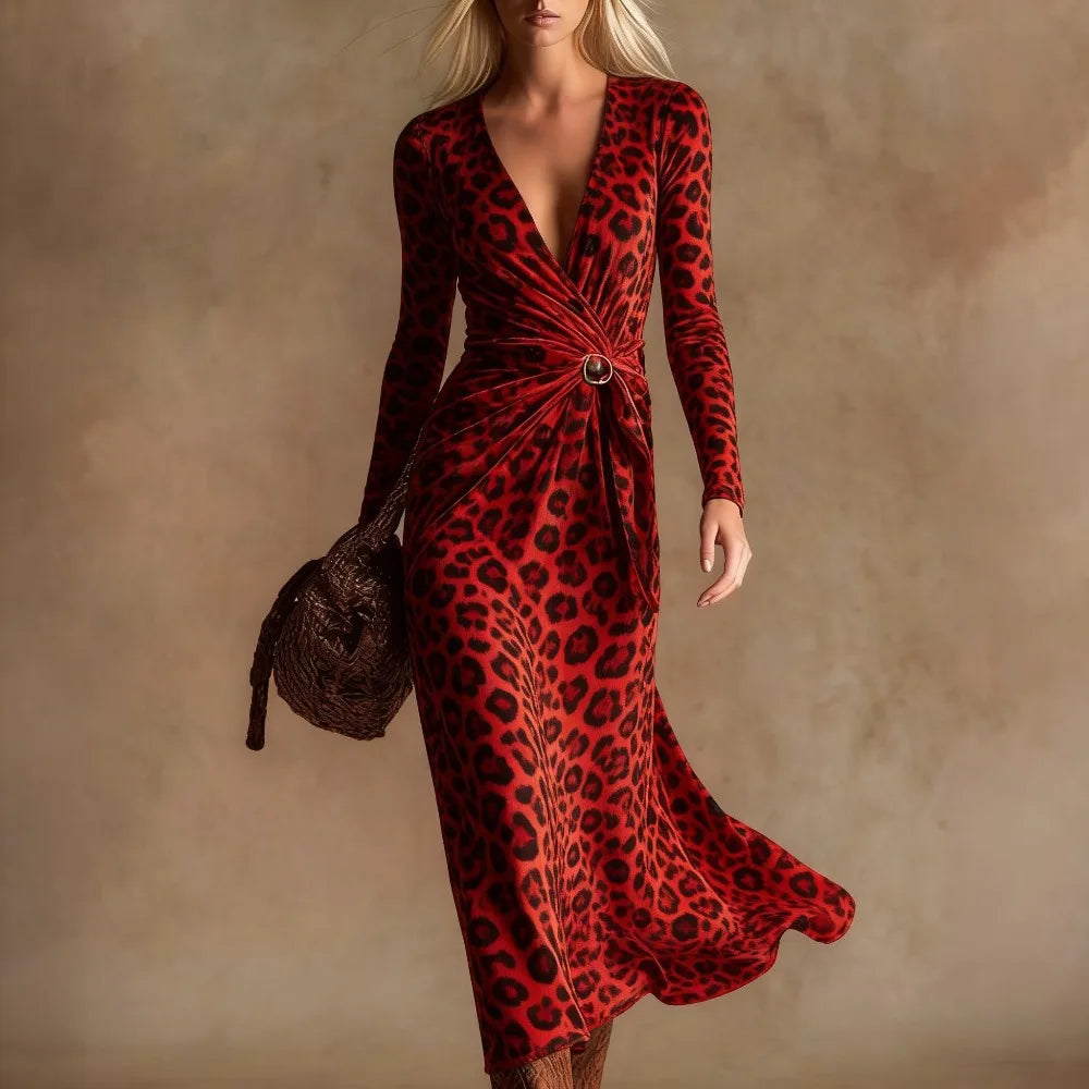 Leopard Print Maxi Dress – Twist Front – Polyester – Leopard | KIMLUD