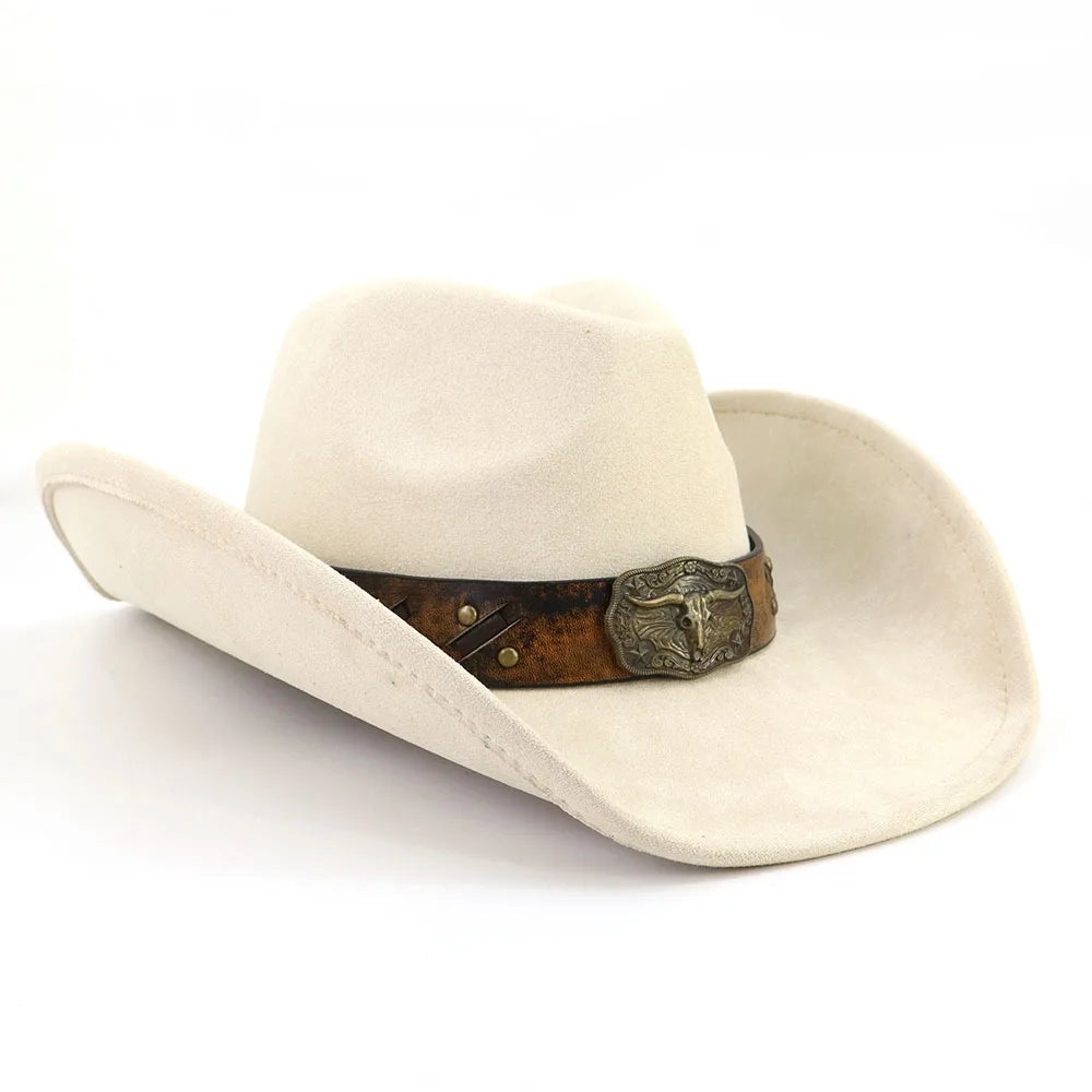 Leather Band Suede Cowboy Hat Big Brim Bull's Head — Brown | KIMLUD