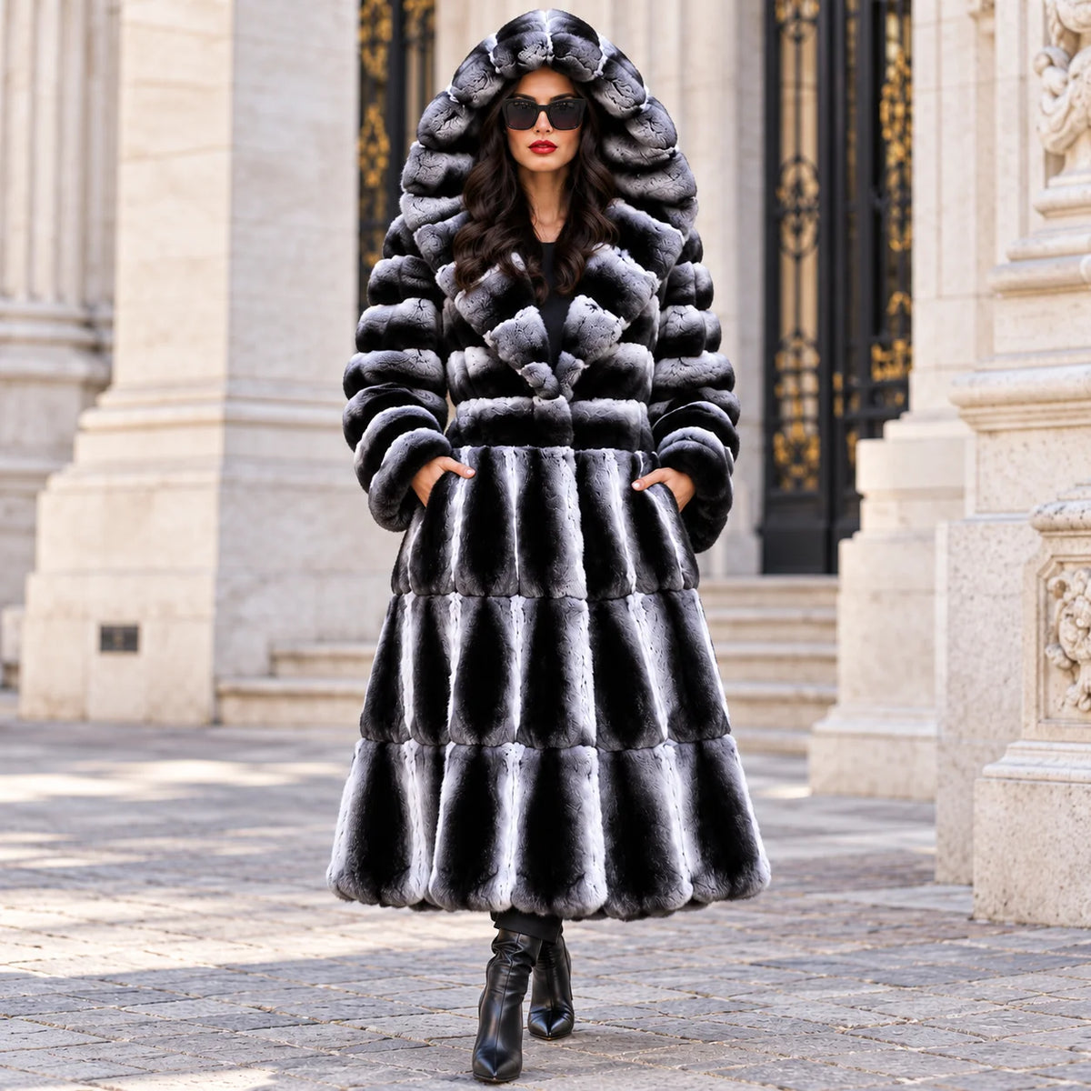 Long Fur Coat – Hooded – Fur – Black Grey Gradient | KIMLUD