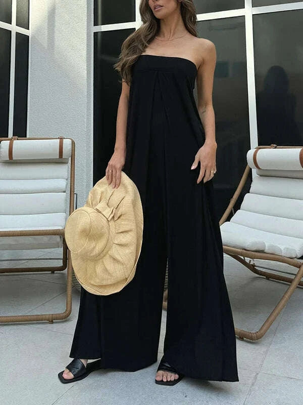 Yeezzi Women's Solid Color Hollow Backless Tube Jumpsuits Loose Sleeveless Pockets Wide Leg Summer Casual One-Piece Pants