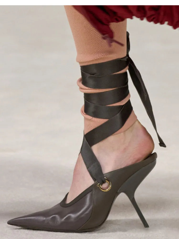 Microfiber Stiletto Ballet Sandals With Delicate Ankle Ribbons For Evening Soirees — Smoky Taupe | KIMLUD