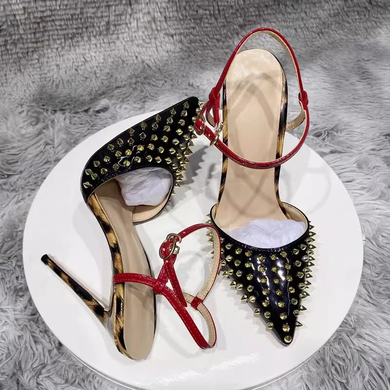 Stiletto Sandals - 12cm Heel - Pointed Toe - Leopard Print | KIMLUD