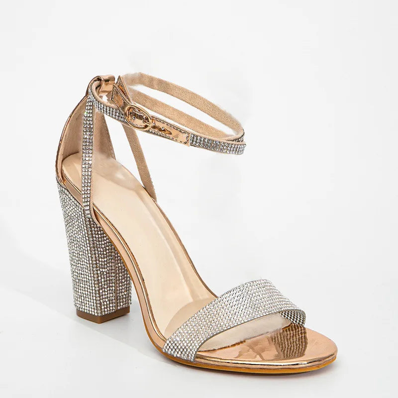 Rhinestone Sandals High Heel Buckle Strap — Silver | KIMLUD
