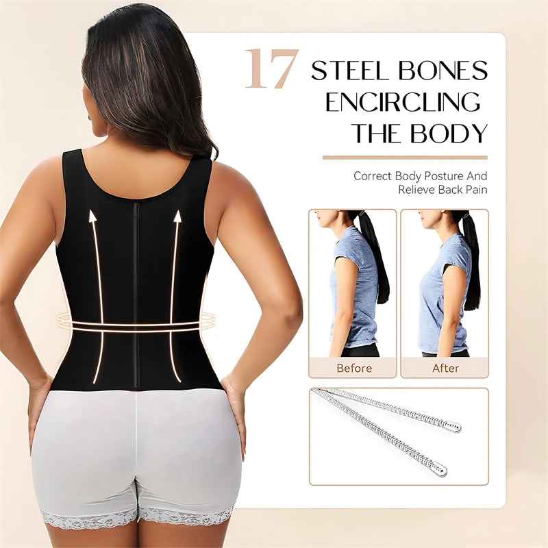 Colombian Shapewear Waist Trainer 17 Steel Bones, 3-Row Hooks — Black | KIMLUD