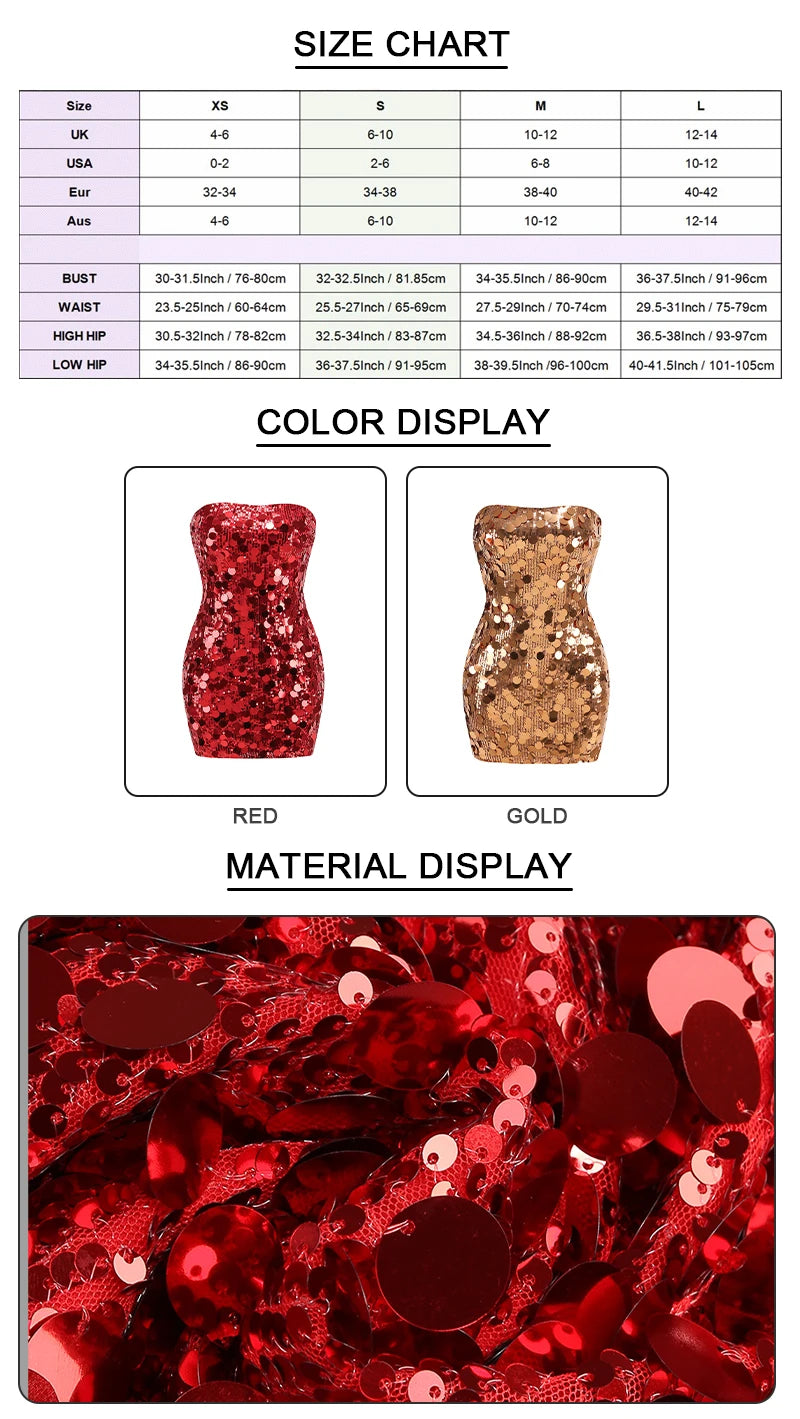 VC Cocktail Party Dresses Women Luxury Sequins Sparkling Prom Gown Sexy Strapless Sleeveless Slim Mini Dress