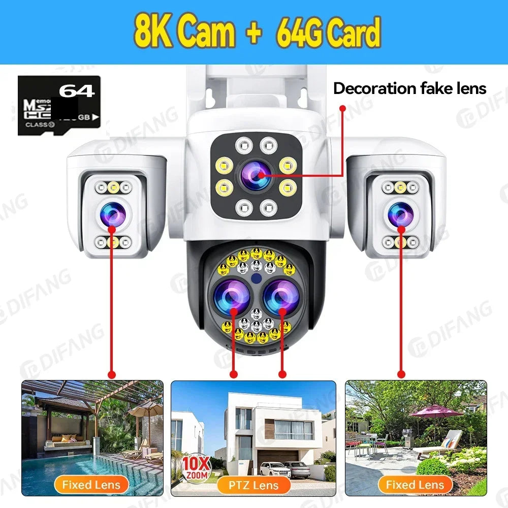 8K 16MP CCTV Wireless WiFi IP Camera Outdoor Four Lens Triple Screen Video Surveillance PTZ Yoosee Onvif  Home Security Camera