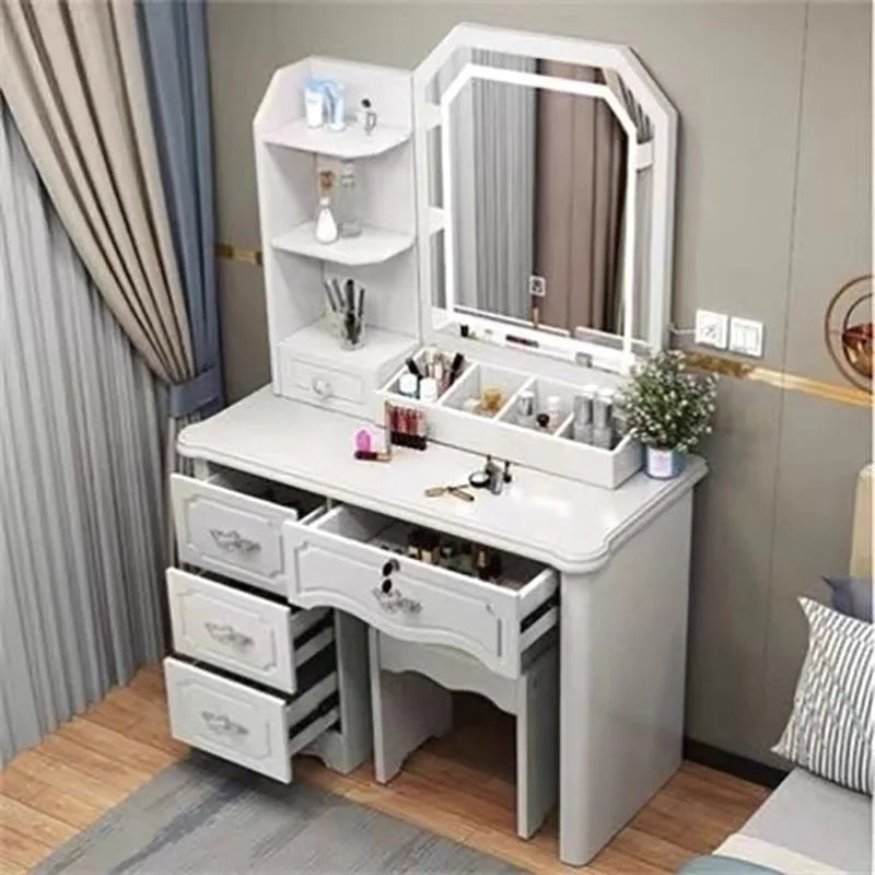 Satin Minimalist Vanity Table With Storage — White | KIMLUD