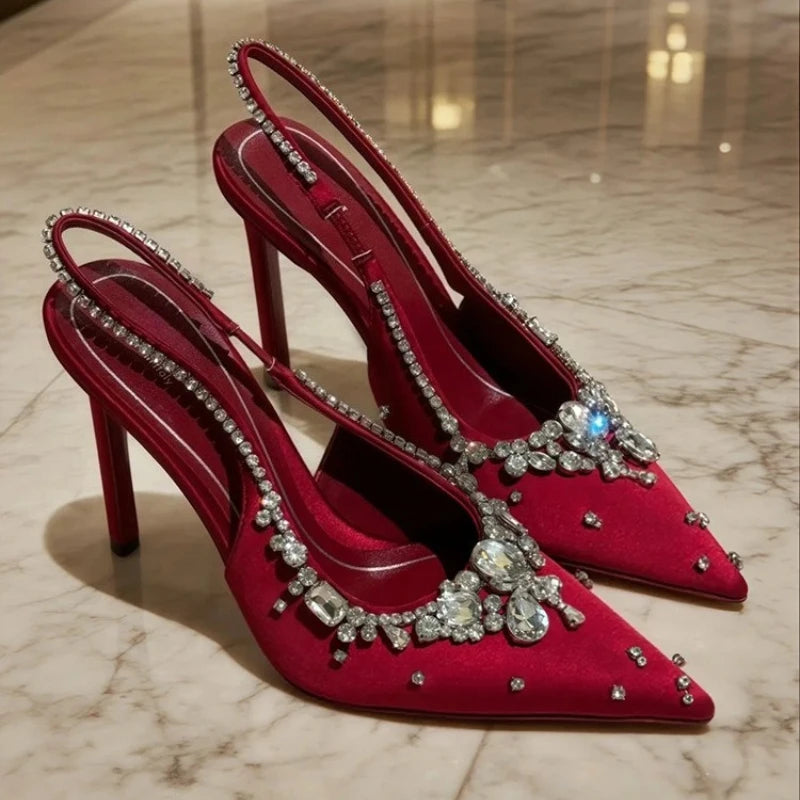 Dresses Satin Pointy Toe Heels With Rhinestones — Silver | KIMLUD
