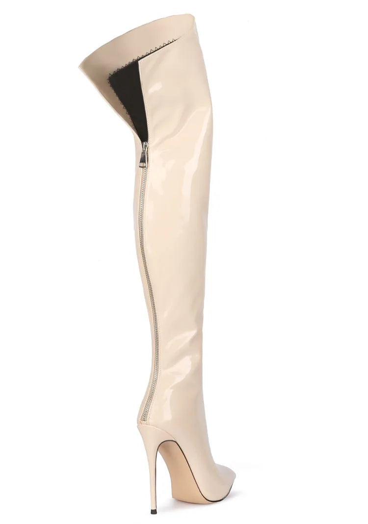 Back Zipper Slim Leg Thigh Boots For Woman 2025 New Pointed 12CM Thin High Heels Glossy Leather Black Over The Knee Women Boots