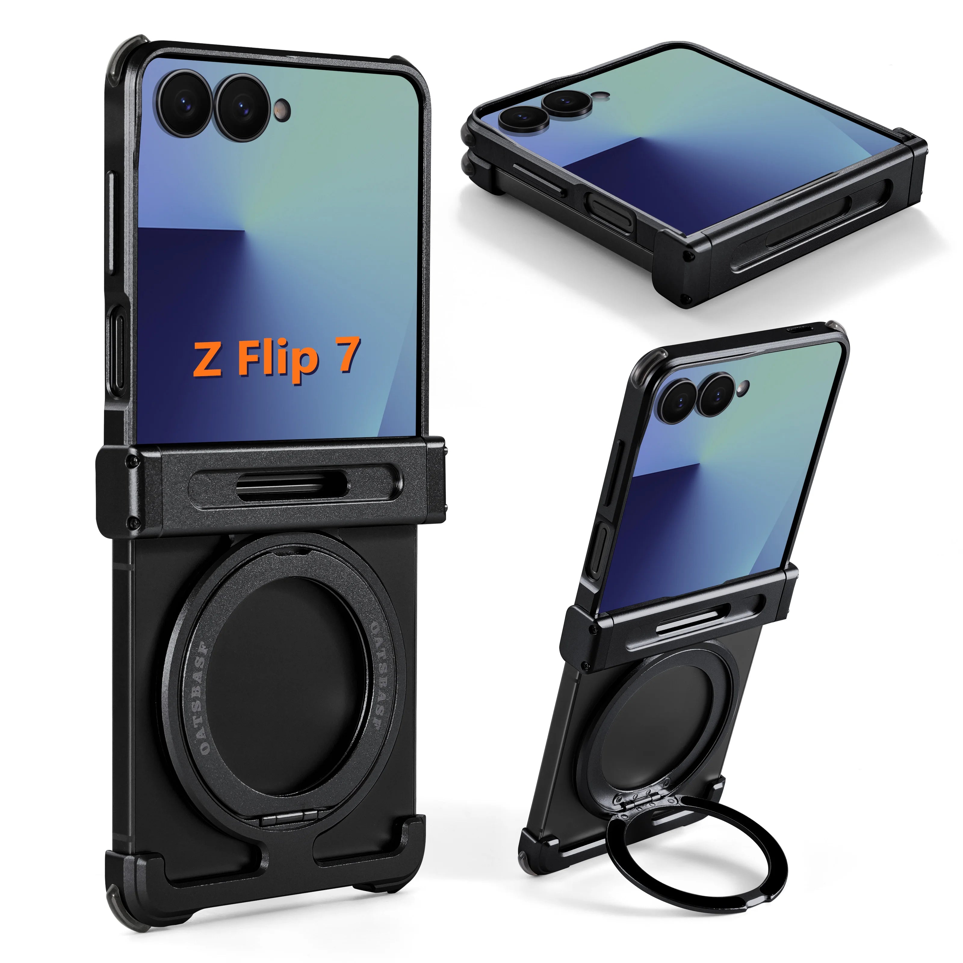 Oatsbasf Metal Frameless Phone Case for Samsung Galaxy Z Flip 7 with Kickstand 360°Rotation Magnetic Shockproof Protective Cover